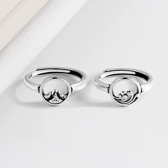 S925 Silver Retro Open Couple Ring With Electroplated Vintage Pattern Adjustable Fashion Band
