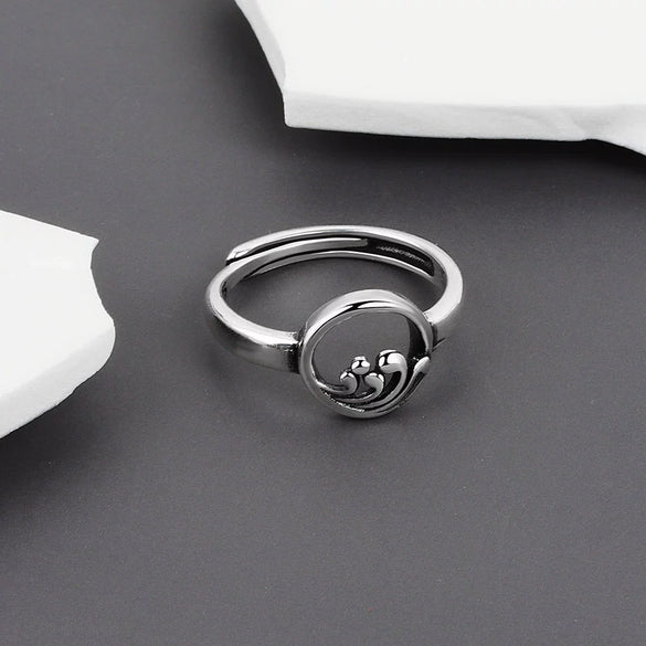 S925 Silver Retro Open Couple Ring With Electroplated Vintage Pattern Adjustable Fashion Band
