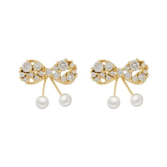 S925 Silver Rhinestone Bow Ear Studs For Women With Geometric Patterns Elegant And Sweet