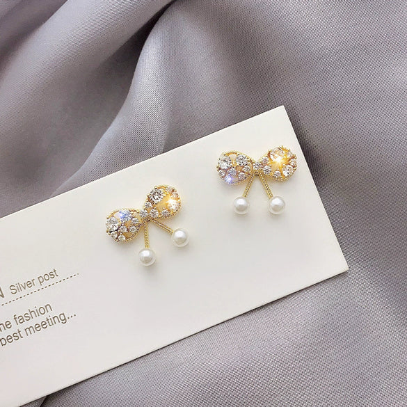 S925 Silver Rhinestone Bow Ear Studs For Women With Geometric Patterns Elegant And Sweet