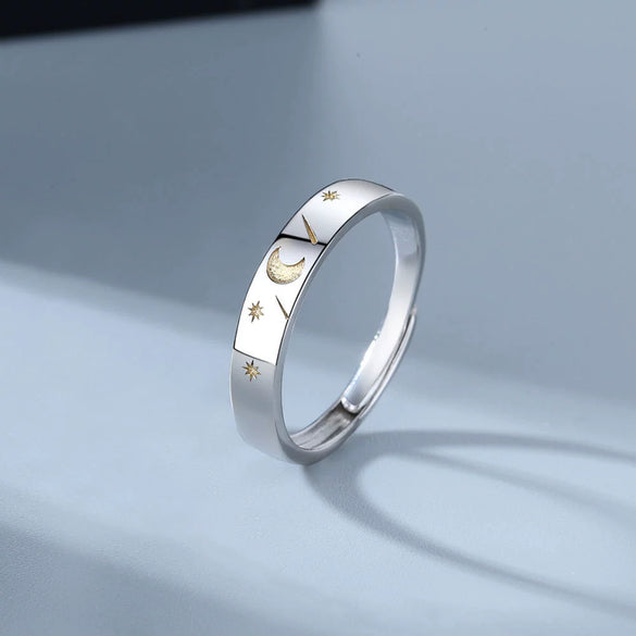 S925 Silver Sun Moon And Star Geometric Couple Rings Adjustable Open Ring Pair Electroplated Matching Rings For Women And Men