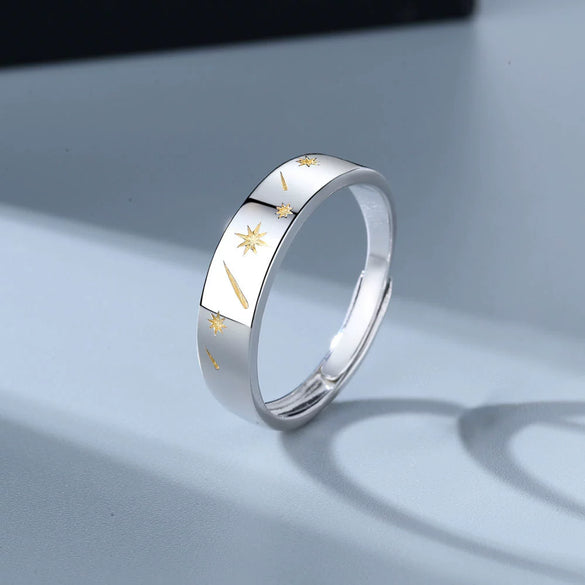 S925 Silver Sun Moon And Star Geometric Couple Rings Adjustable Open Ring Pair Electroplated Matching Rings For Women And Men