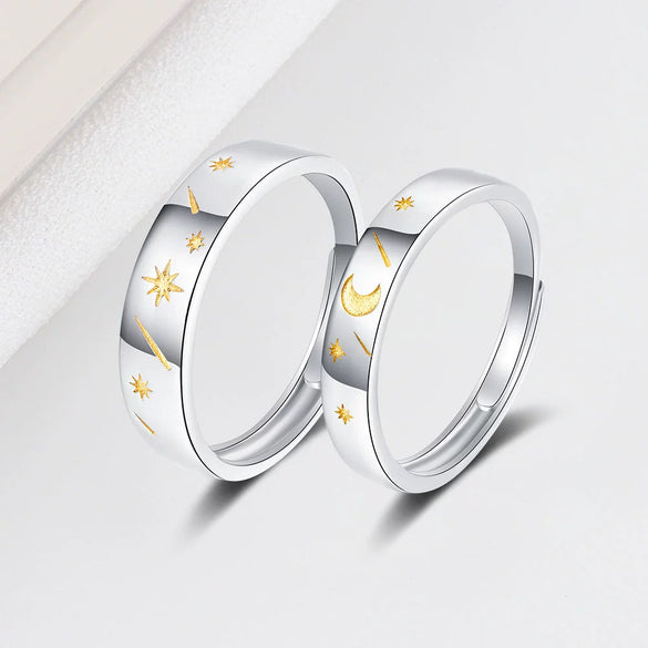 S925 Silver Sun Moon And Star Geometric Couple Rings Adjustable Open Ring Pair Electroplated Matching Rings For Women And Men