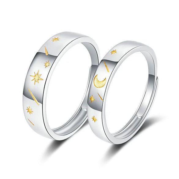 S925 Silver Sun Moon And Star Geometric Couple Rings Adjustable Open Ring Pair Electroplated Matching Rings For Women And Men