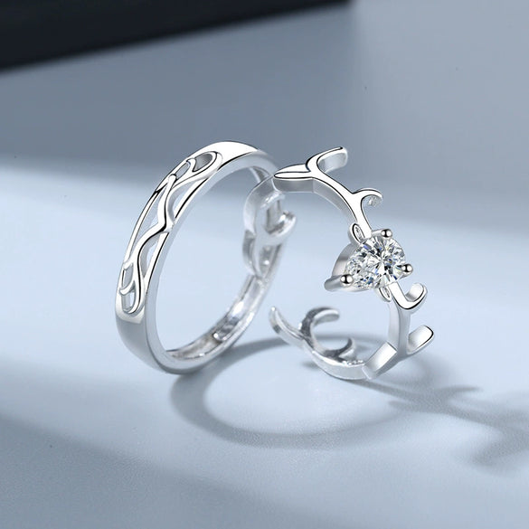 S925 Sterling Silver Adjustable Couple Rings Simple Geometric Antler Design Electroplated Matching Ring Set For Men And Women