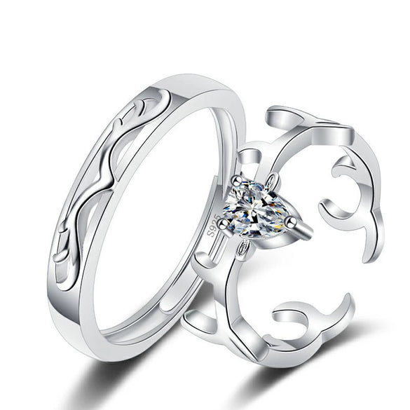 S925 Sterling Silver Adjustable Couple Rings Simple Geometric Antler Design Electroplated Matching Ring Set For Men And Women