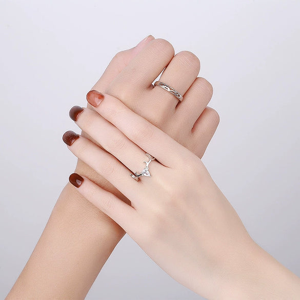 S925 Sterling Silver Adjustable Couple Rings Simple Geometric Antler Design Electroplated Matching Ring Set For Men And Women