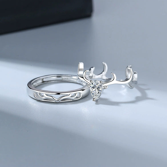 S925 Sterling Silver Adjustable Couple Rings Simple Geometric Antler Design Electroplated Matching Ring Set For Men And Women