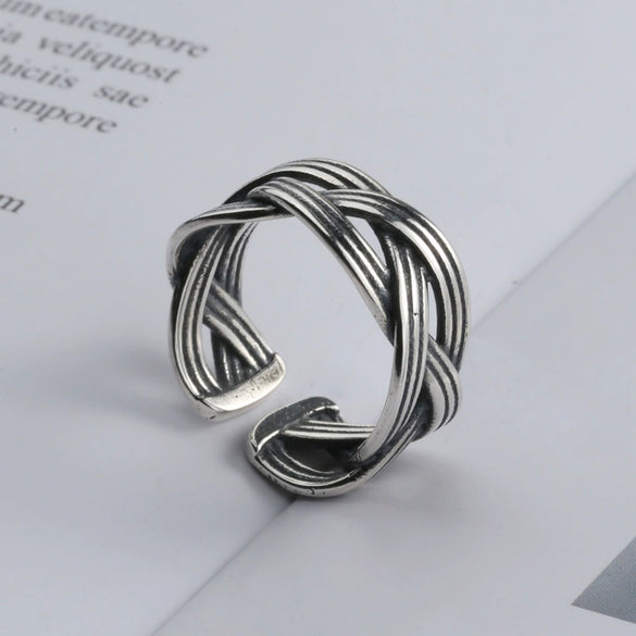 S925 Sterling Silver Adjustable Open Ring With Winding Wave Pattern Geometric Retro Design Unisex Fashion Jewelry