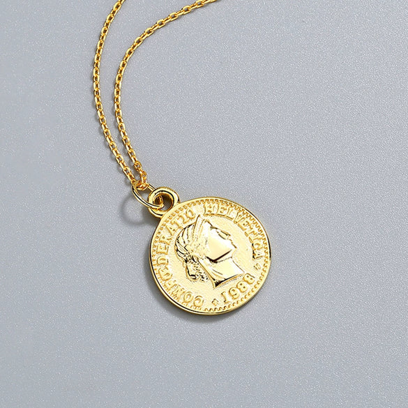 S925 Sterling Silver Ancient Coin Pendant Necklace For Women Geometric Queen Coin Collarbone Chain With Electroplated Finish