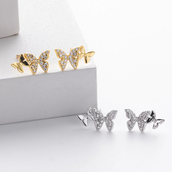 S925 Sterling Silver Animal Butterfly Electroplated Microencrusted Stone Tassel Earrings