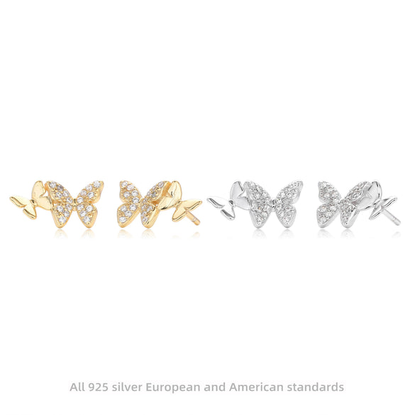 S925 Sterling Silver Animal Butterfly Electroplated Microencrusted Stone Tassel Earrings