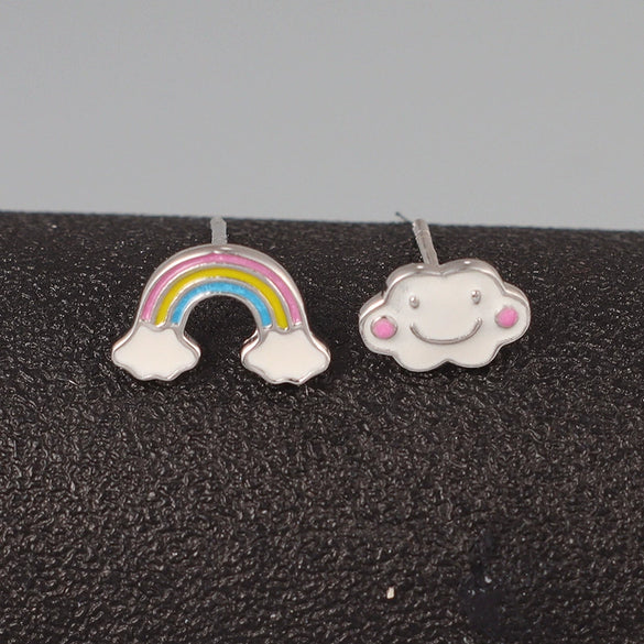 S925 Sterling Silver Asymmetric Rainbow Cloud Stud Earrings For Women Simple Geometric Electroplated Earrings