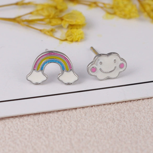S925 Sterling Silver Asymmetric Rainbow Cloud Stud Earrings For Women Simple Geometric Electroplated Earrings