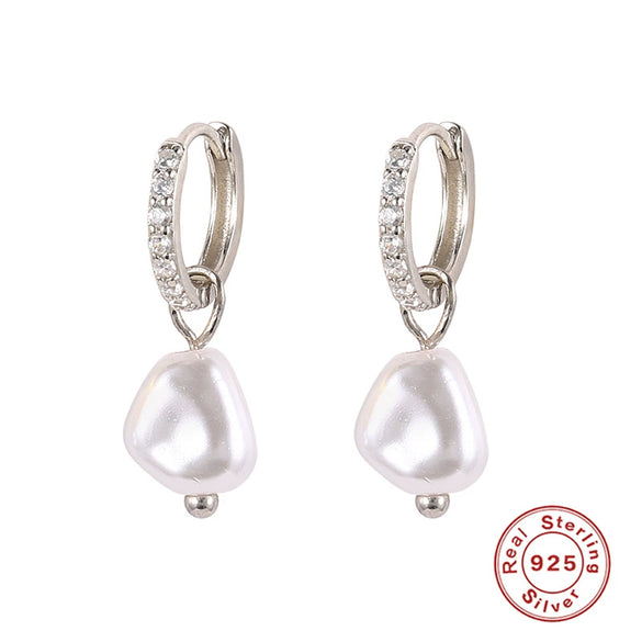 S925 Sterling Silver Baroque Pearl Earrings With Diamond Ear Buckle Electroplated Geometric Style