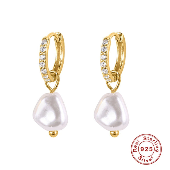 S925 Sterling Silver Baroque Pearl Earrings With Diamond Ear Buckle Electroplated Geometric Style