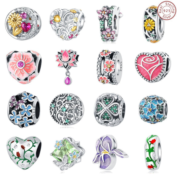 S925 Sterling Silver Beaded Leaf Clover Rose Pendant Diy Bracelet Jewelry Accessories With Epoxy Process