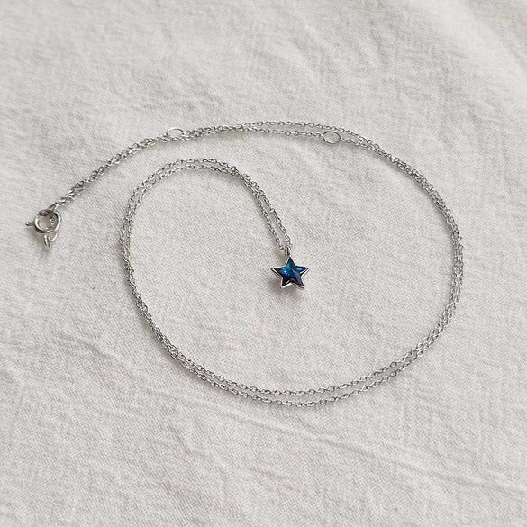S925 Sterling Silver Blue Crystal Star Pendant Necklace For Women Light Luxury Inlaid Five Point Star Clavicle Chain