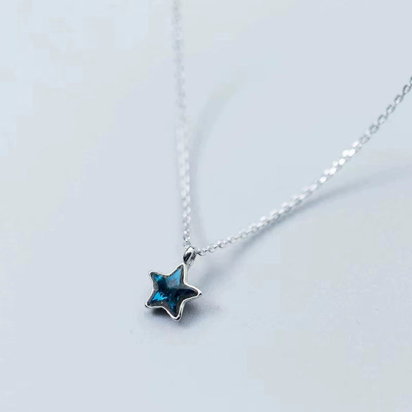 S925 Sterling Silver Blue Crystal Star Pendant Necklace For Women Light Luxury Inlaid Five Point Star Clavicle Chain