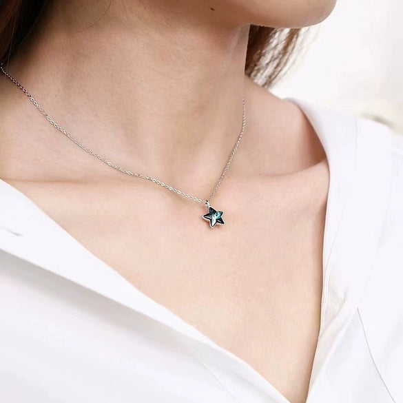 S925 Sterling Silver Blue Crystal Star Pendant Necklace For Women Light Luxury Inlaid Five Point Star Clavicle Chain
