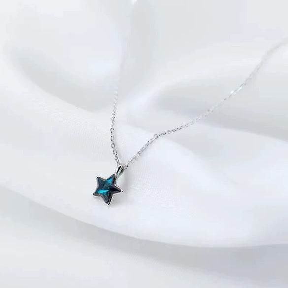 S925 Sterling Silver Blue Crystal Star Pendant Necklace For Women Light Luxury Inlaid Five Point Star Clavicle Chain