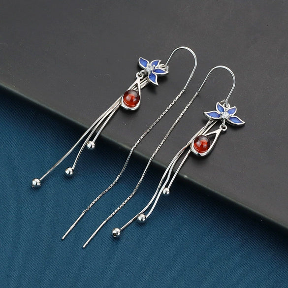 S925 Sterling Silver Blue Lotus Flower Drop Earrings For Women With Long Tassel Light Luxury Retro Style