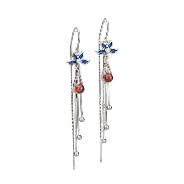 S925 Sterling Silver Blue Lotus Flower Drop Earrings For Women With Long Tassel Light Luxury Retro Style