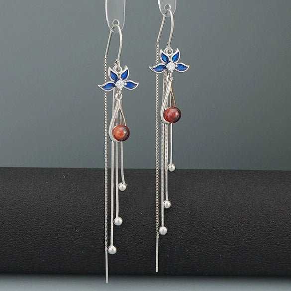S925 Sterling Silver Blue Lotus Flower Drop Earrings For Women With Long Tassel Light Luxury Retro Style