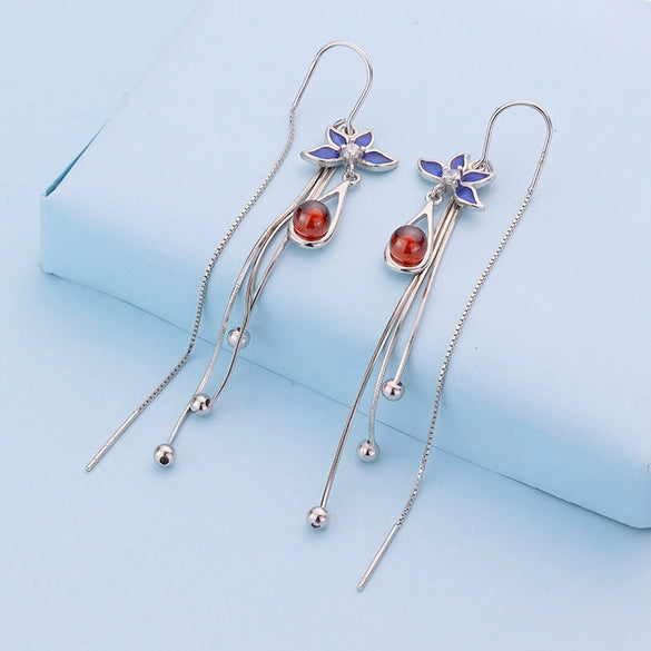 S925 Sterling Silver Blue Lotus Flower Drop Earrings For Women With Long Tassel Light Luxury Retro Style