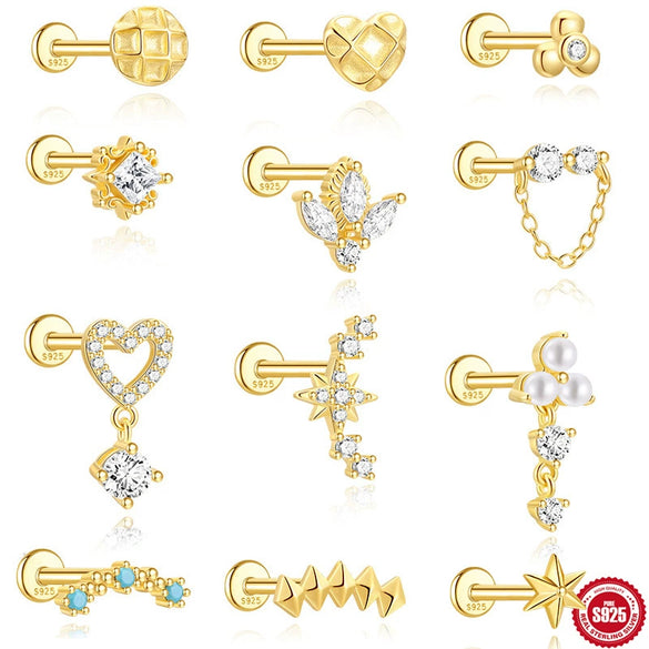 S925 Sterling Silver Blue Pine Single Layer Stacked Smiley Geometric Design Electroplated Piercing Earrings Ear Cuffs For Women