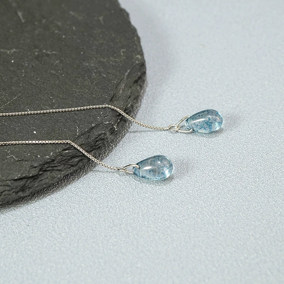 S925 Sterling Silver Blue Water Drop Ear Line Earrings Simple Elegant Drop Shape Dangle Earrings For Women