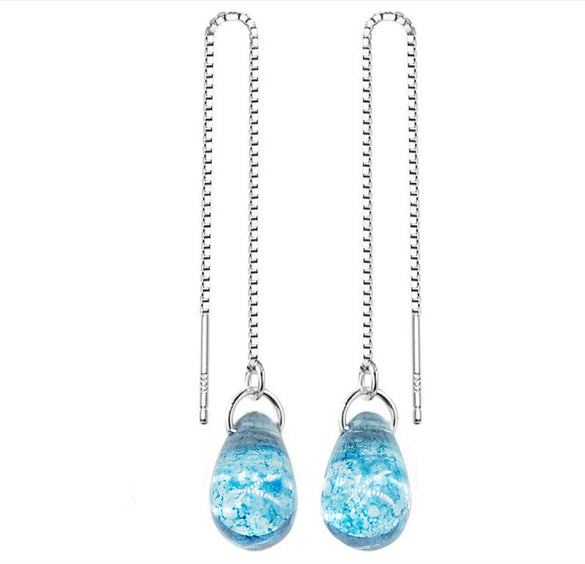 S925 Sterling Silver Blue Water Drop Ear Line Earrings Simple Elegant Drop Shape Dangle Earrings For Women