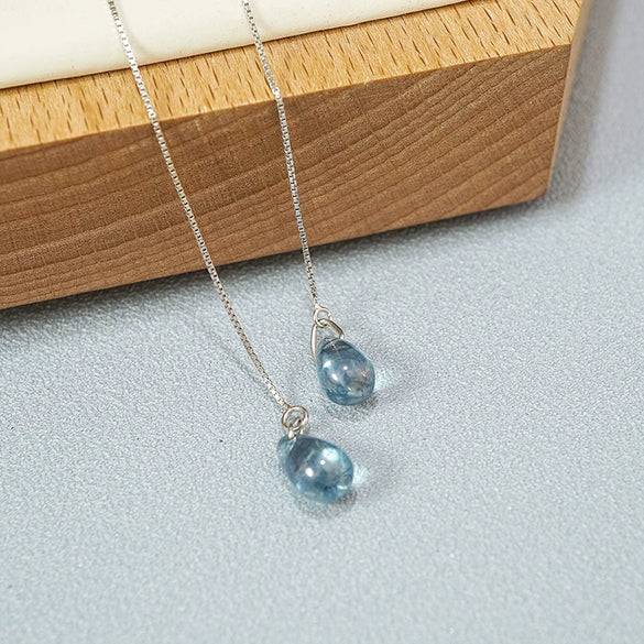 S925 Sterling Silver Blue Water Drop Ear Line Earrings Simple Elegant Drop Shape Dangle Earrings For Women