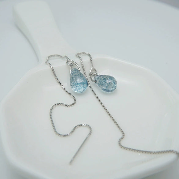 S925 Sterling Silver Blue Water Drop Ear Line Earrings Simple Elegant Drop Shape Dangle Earrings For Women