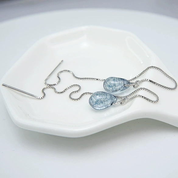 S925 Sterling Silver Blue Water Drop Ear Line Earrings Simple Elegant Drop Shape Dangle Earrings For Women