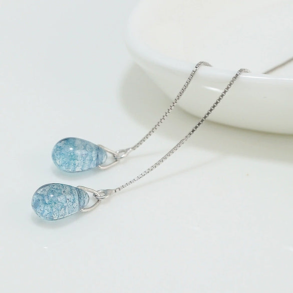 S925 Sterling Silver Blue Water Drop Ear Line Earrings Simple Elegant Drop Shape Dangle Earrings For Women