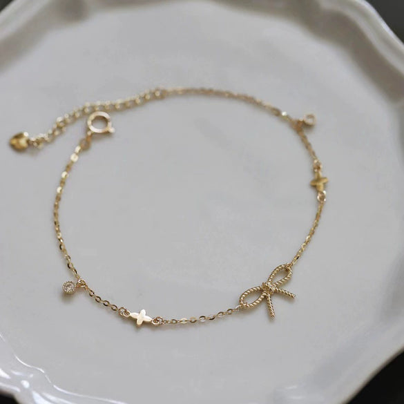 S925 Sterling Silver Bow And Flower Patterned Bracelet For Women 14K Gold Plated