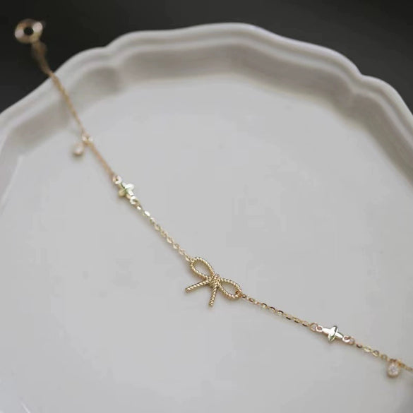 S925 Sterling Silver Bow And Flower Patterned Bracelet For Women 14K Gold Plated