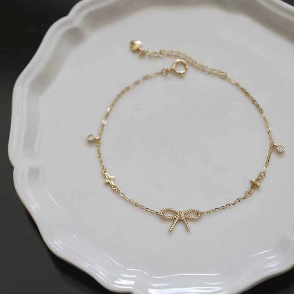 S925 Sterling Silver Bow And Flower Patterned Bracelet For Women 14K Gold Plated