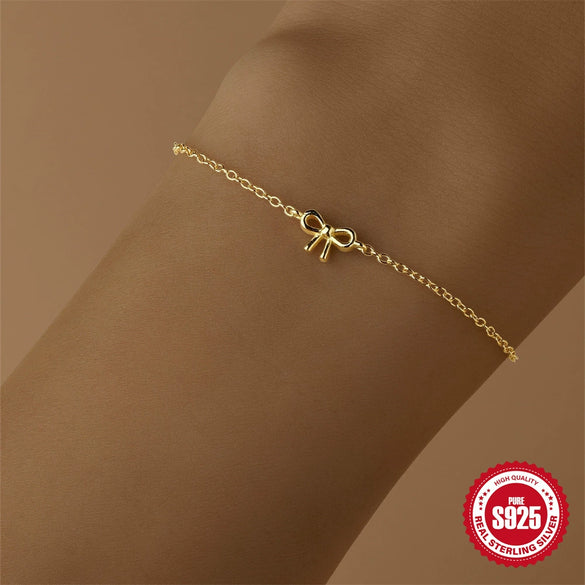 S925 Sterling Silver Bow Bracelet And Earrings Set With Electroplating Simple And Elegant For Women And Unisex