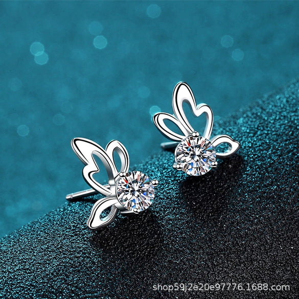 S925 Sterling Silver Bow Butterfly Women's Fourclaw Electroplated Earrings