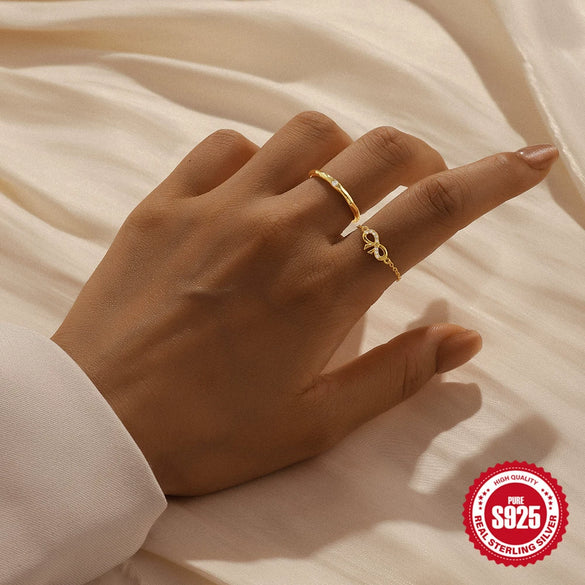 S925 Sterling Silver Bow Inlaid Zircon Adjustable Chain Opening Finger Ring With Geometric Design And Electroplating Treatment