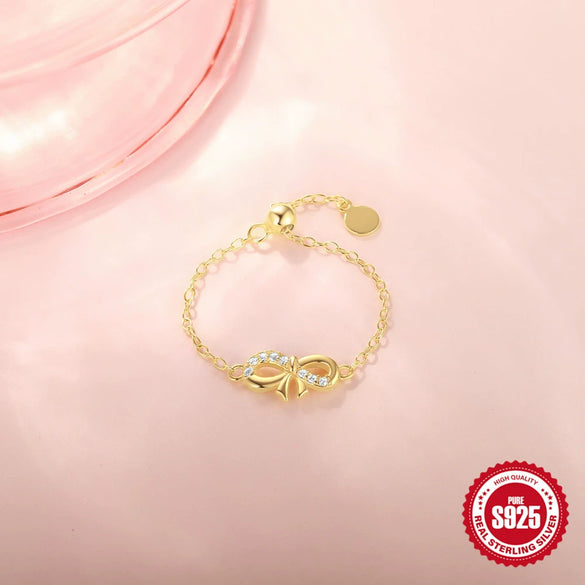 S925 Sterling Silver Bow Inlaid Zircon Adjustable Chain Opening Finger Ring With Geometric Design And Electroplating Treatment