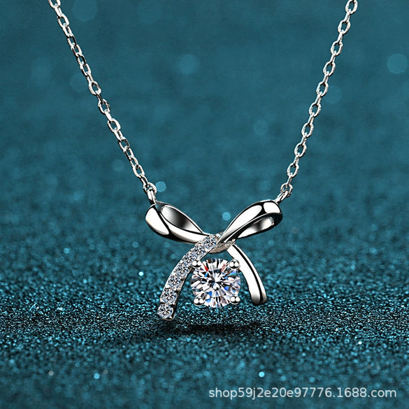 S925 Sterling Silver Bow Necklace With Fourclaw Moissanite Simulated Diamond Electroplated