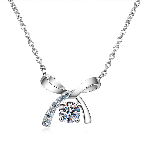 S925 Sterling Silver Bow Necklace With Fourclaw Moissanite Simulated Diamond Electroplated