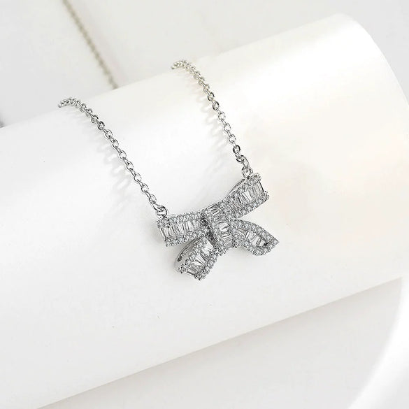 S925 Sterling Silver Bow Necklace With Micro Inlaid Zircon Pendant Electroplated Cross Chain Sweet Fresh Style For Women