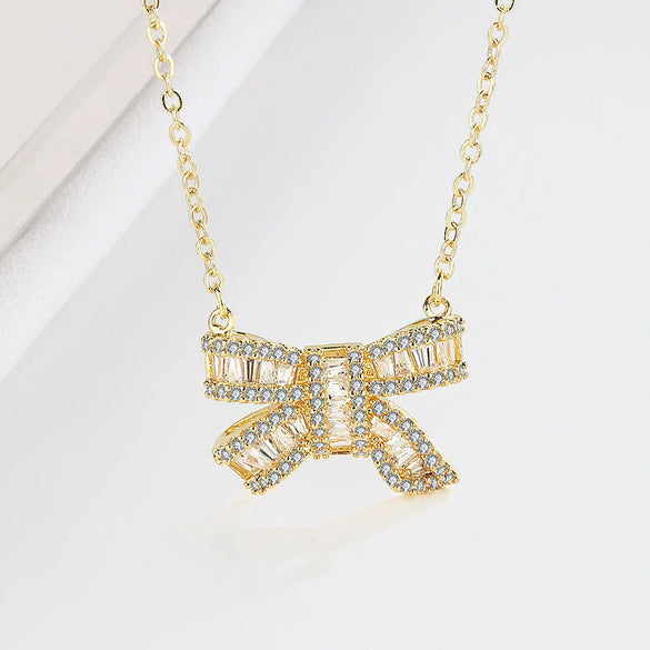 S925 Sterling Silver Bow Necklace With Micro Inlaid Zircon Pendant Electroplated Cross Chain Sweet Fresh Style For Women