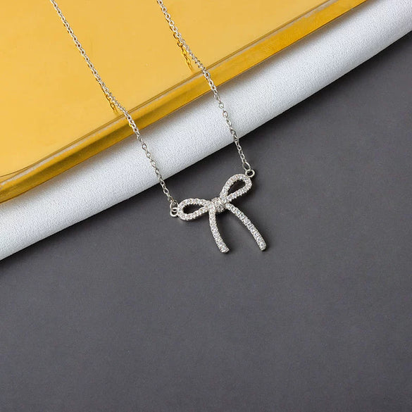 S925 Sterling Silver Bow Pendant Necklace With Mixed Gem Accent Cross Chain Electroplated Clavicle Chain For Women