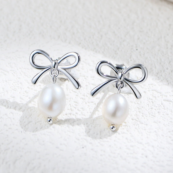 S925 Sterling Silver Bow Shaped Natural Freshwater Pearl Inlaid Earrings For Women