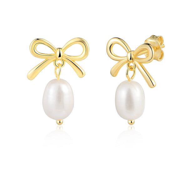 S925 Sterling Silver Bow Shaped Natural Freshwater Pearl Inlaid Earrings For Women